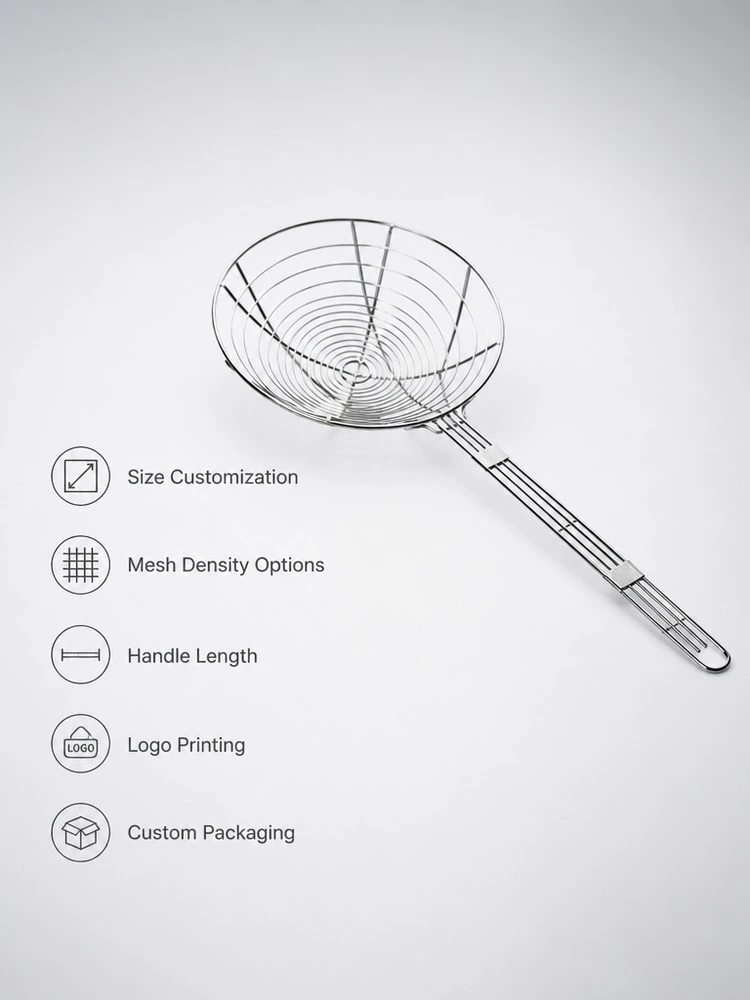Steel Round Mesh Fry Basket With Long Handle For Kitchen